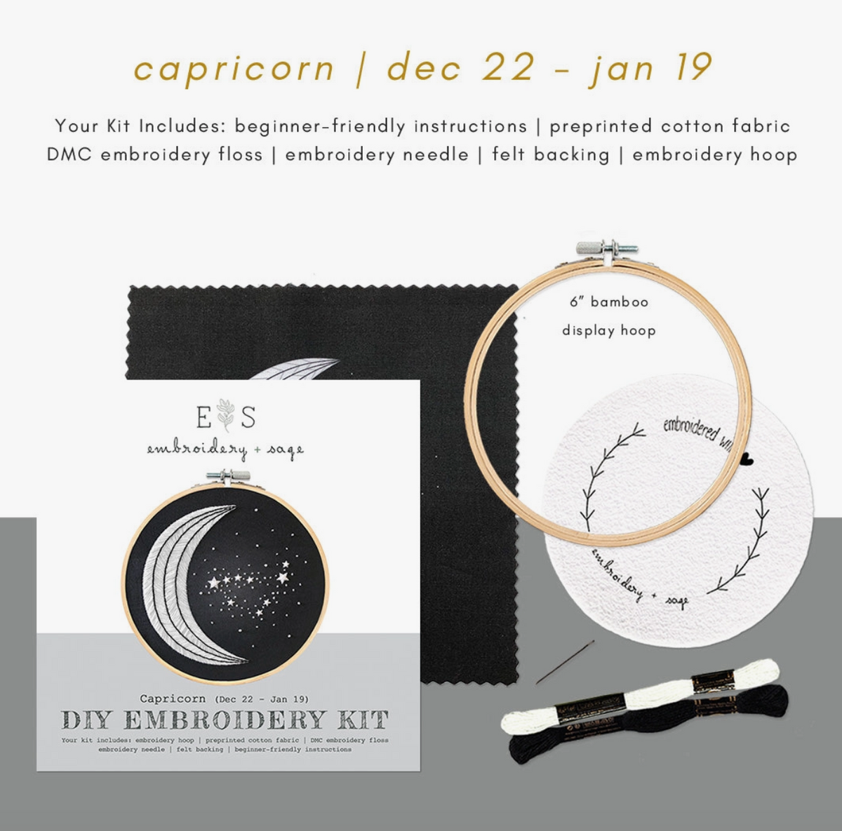 Spellcrafter’s XEmbroidery Kit is a DIY Capricorn (Dec 22–Jan 19) embroidery set with moon and leaf design, black fabric, floss, needle, hoop, preprinted pattern & beginner instructions—perfect for easy stitching.