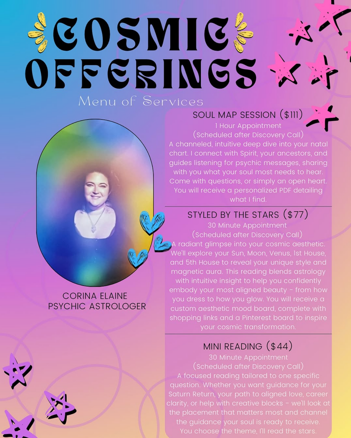 A vibrant service menu for Spellcrafter’s Astrology Reading with Corina features pastel gradients, stars, Corina Elaine’s photo, and highlights three offerings: Soul Map Session (psychic insight), Styled by the Stars, and Mini Reading.