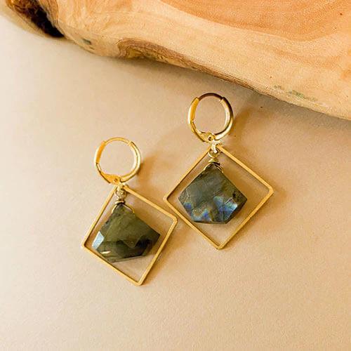 The Spellcrafter Labradorite Framed Diamond Necklace features diamond-shaped greenish labradorite stones in gold square frames, offering chakra energy and earthy elegance—displayed on a light beige surface with a wooden accent.