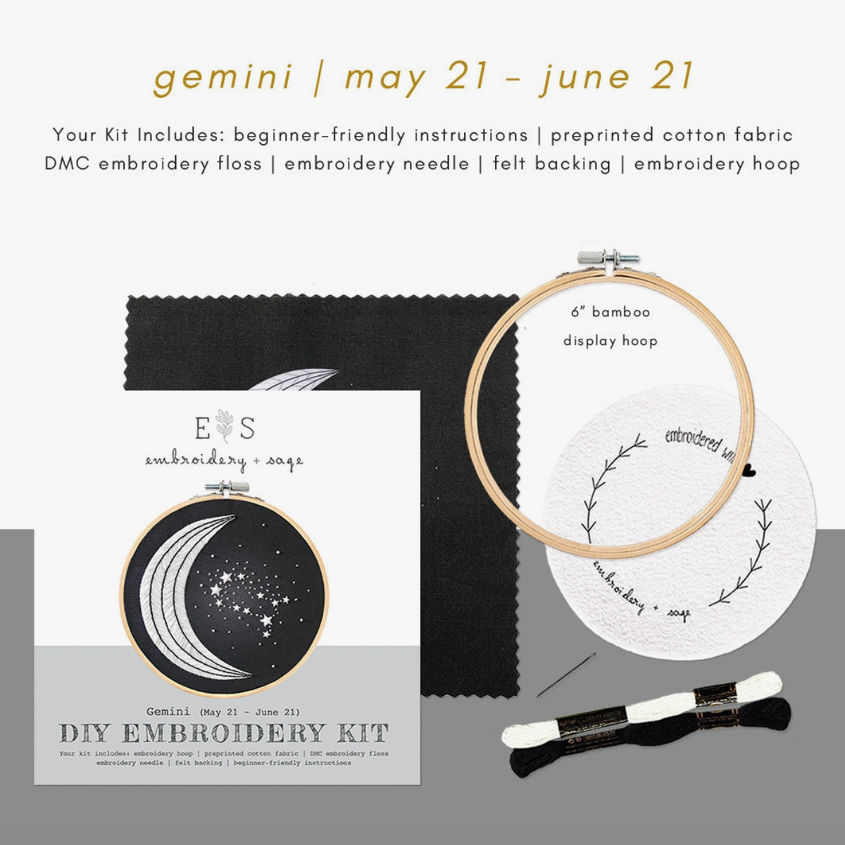 The Spellcrafter XEmbroidery Kit includes instructions, preprinted black fabric, embroidery hoop, needle, DMC floss, and a sample crescent moon and star design—perfect for beginners—all arranged on a neutral background.