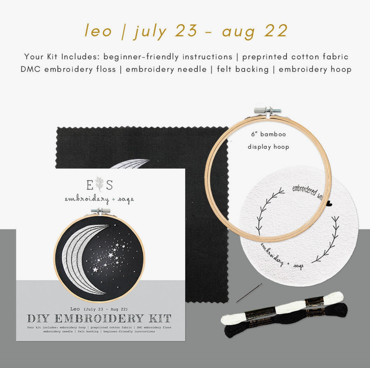 The Spellcrafter XEmbroidery Kit for Leo (July 23–Aug 22) includes a preprinted starry night fabric with a moon, black floss, needle, bamboo hoop, felt backing, and instructions—perfect for beginner needlepoint embroidery.