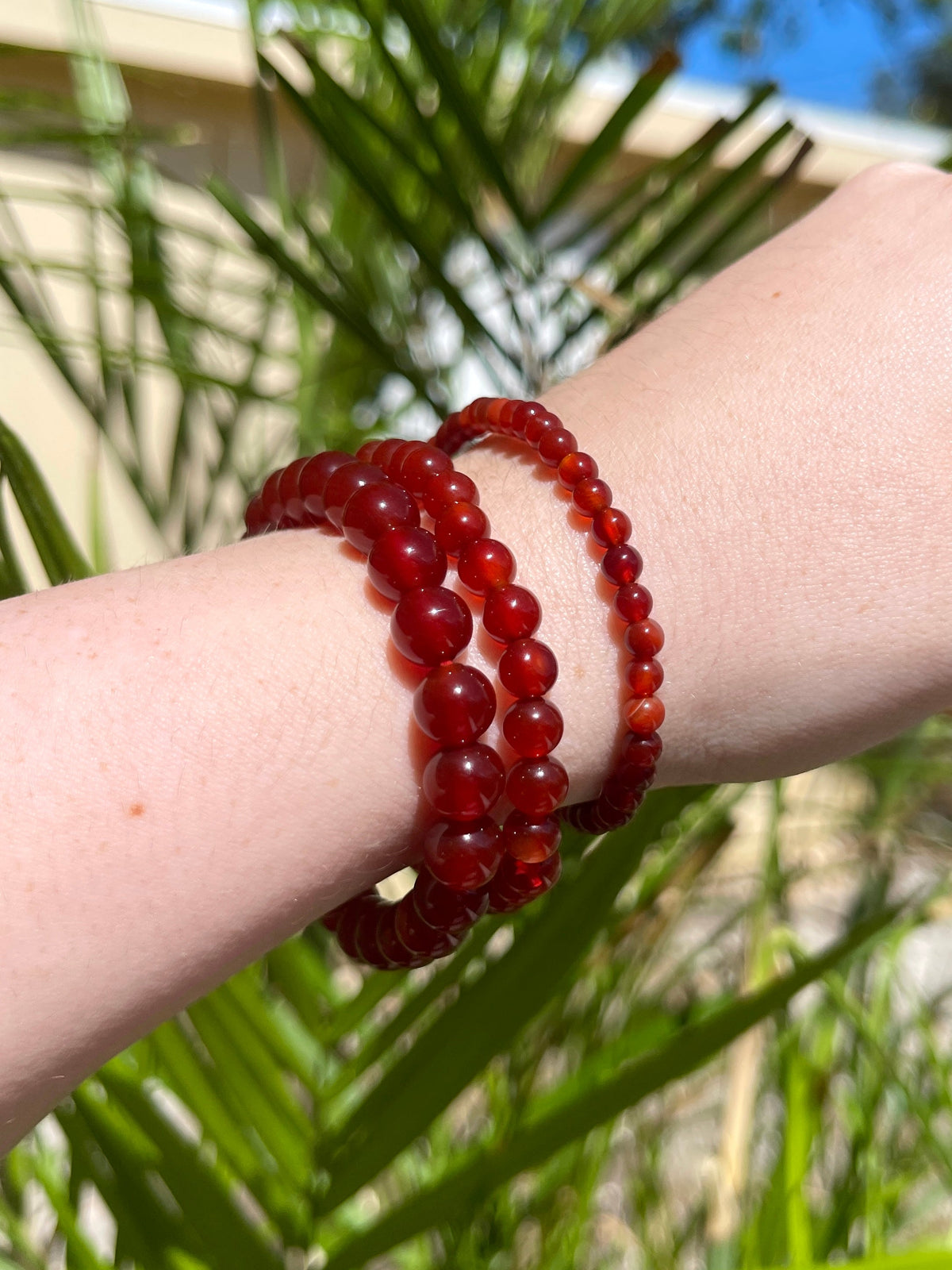 A forearm adorned with three red beaded bracelets, including the Spellcrafter Carnelian Crystal Bracelet, is raised outdoors against green palm leaves and a building backdrop in bright sunlight.