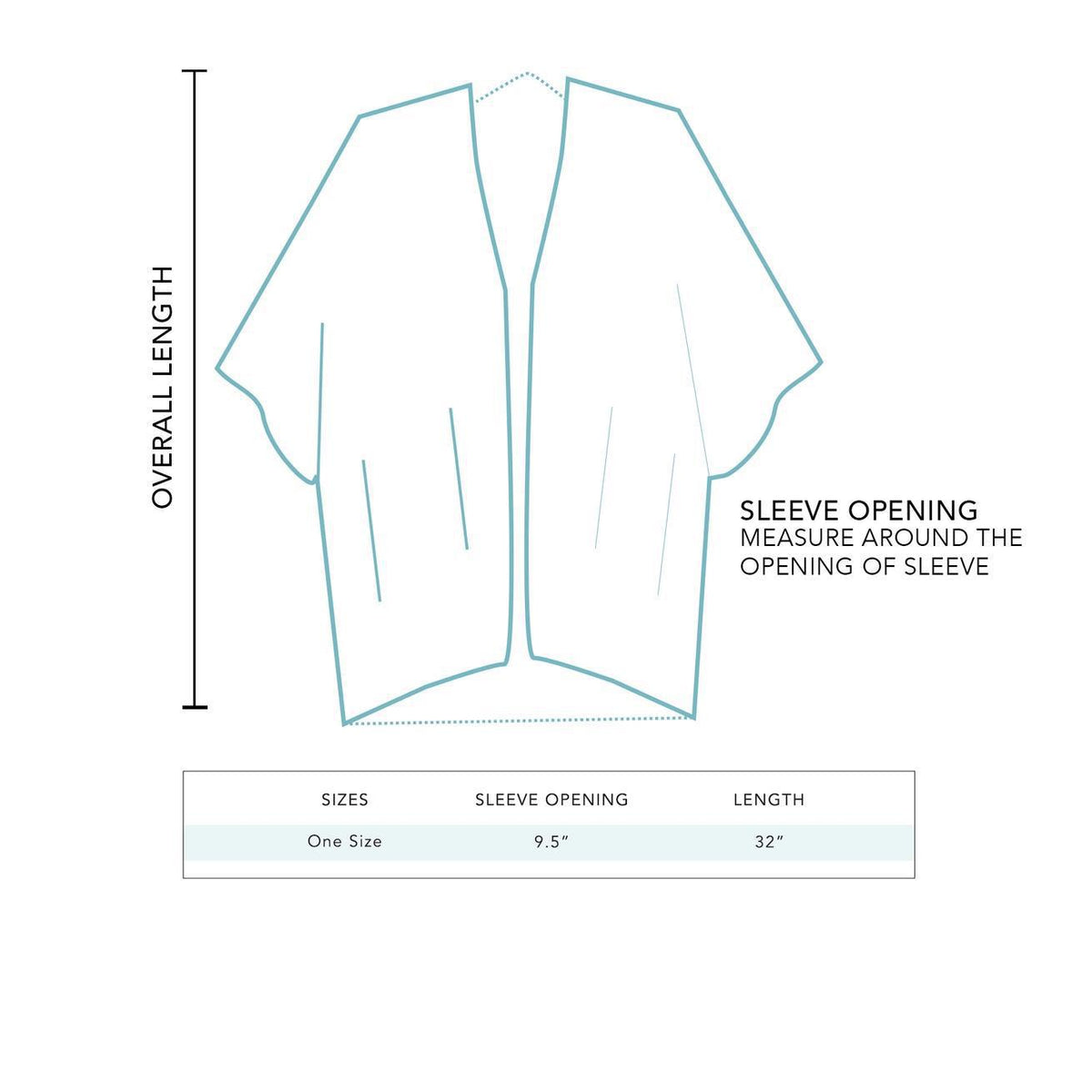 Line drawing of the Spellcrafter Kimono - One Size, showing measurements for sleeve opening (9.5") and overall length (32"). Size chart below confirms these dimensions.