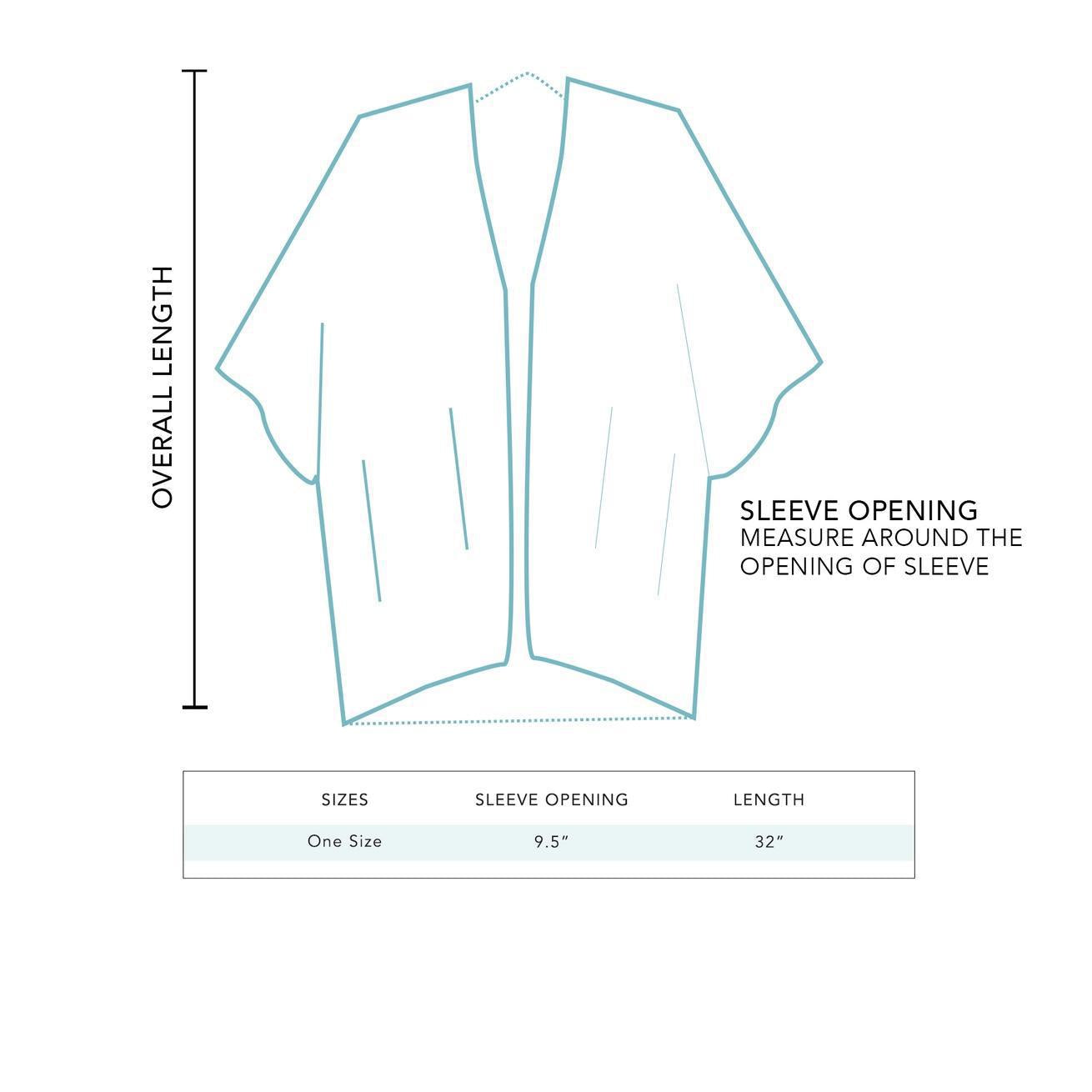 Line drawing of the Spellcrafter Kimono - One Size, showing measurements for sleeve opening...