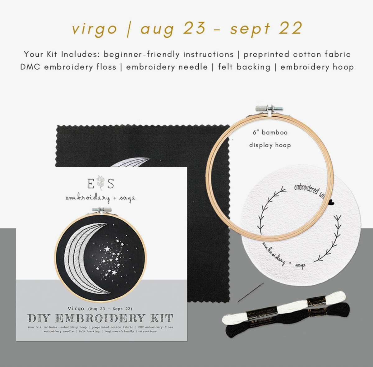 The Spellcrafter XEmbroidery Kit is a DIY Virgo (Aug 23–Sept 22) set with bamboo hoop, preprinted fabric, felt backing, and easy instructions. Its starry night moon and stars design is great for beginner needlepoint projects.