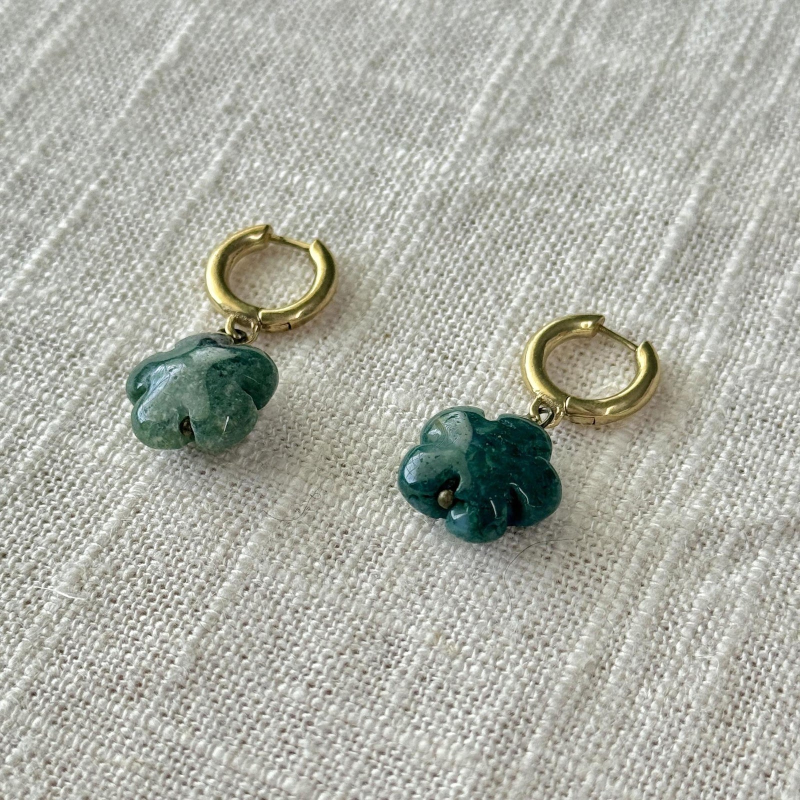 The Spellcrafter Moss Agate Flower Earrings, gold hoop and hypoallergenic, with green four-leaf clover...