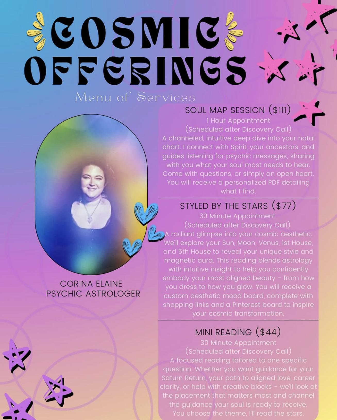 A vibrant service menu for Spellcrafter’s Astrology Reading with Corina features pastel gradients, stars,...