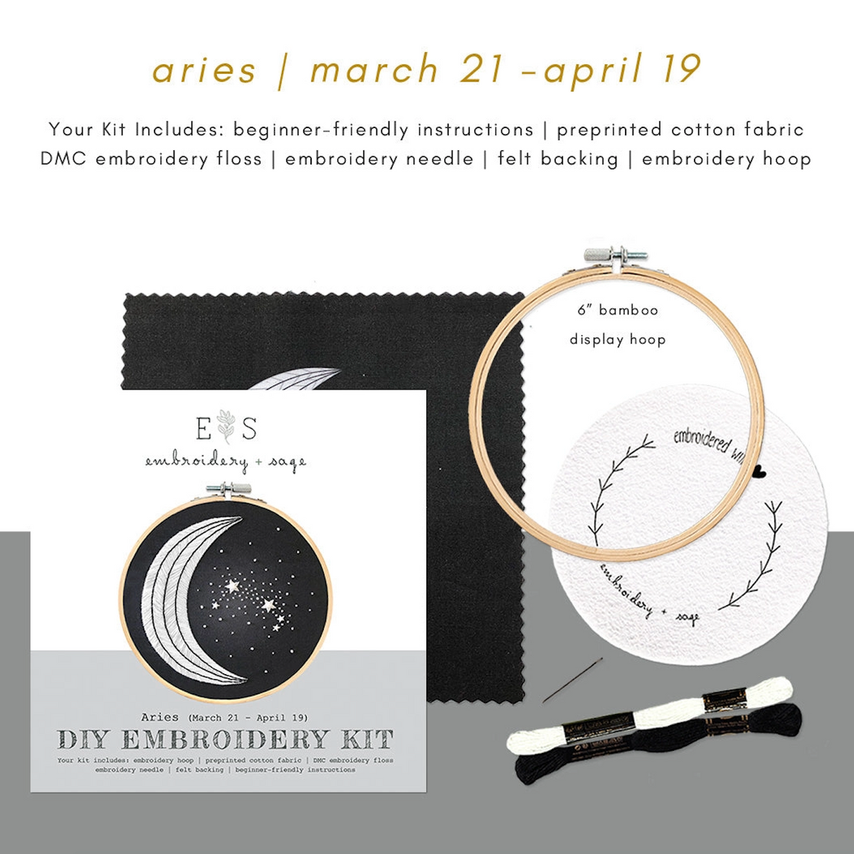 The Spellcrafter XEmbroidery Kit for Aries includes a preprinted moon-themed fabric, 6" bamboo hoop, embroidery floss, needle, felt backing, and instructions—ideal for beginner needlepoint and stunning on a light display.