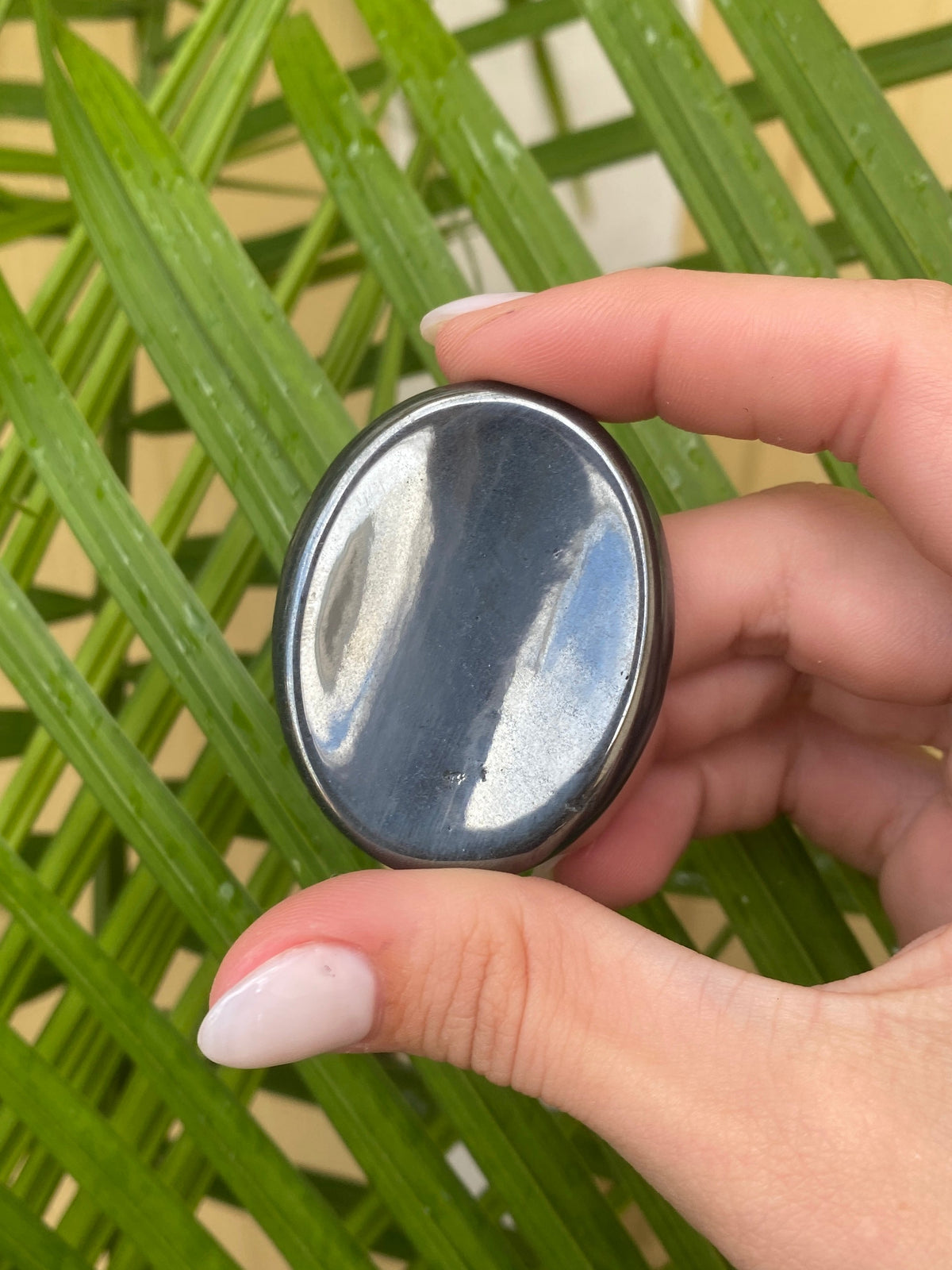 A manicured hand holds a smooth Spellcrafter Hematite Calming Stone in front of green palm leaves, symbolizing stability and balance.