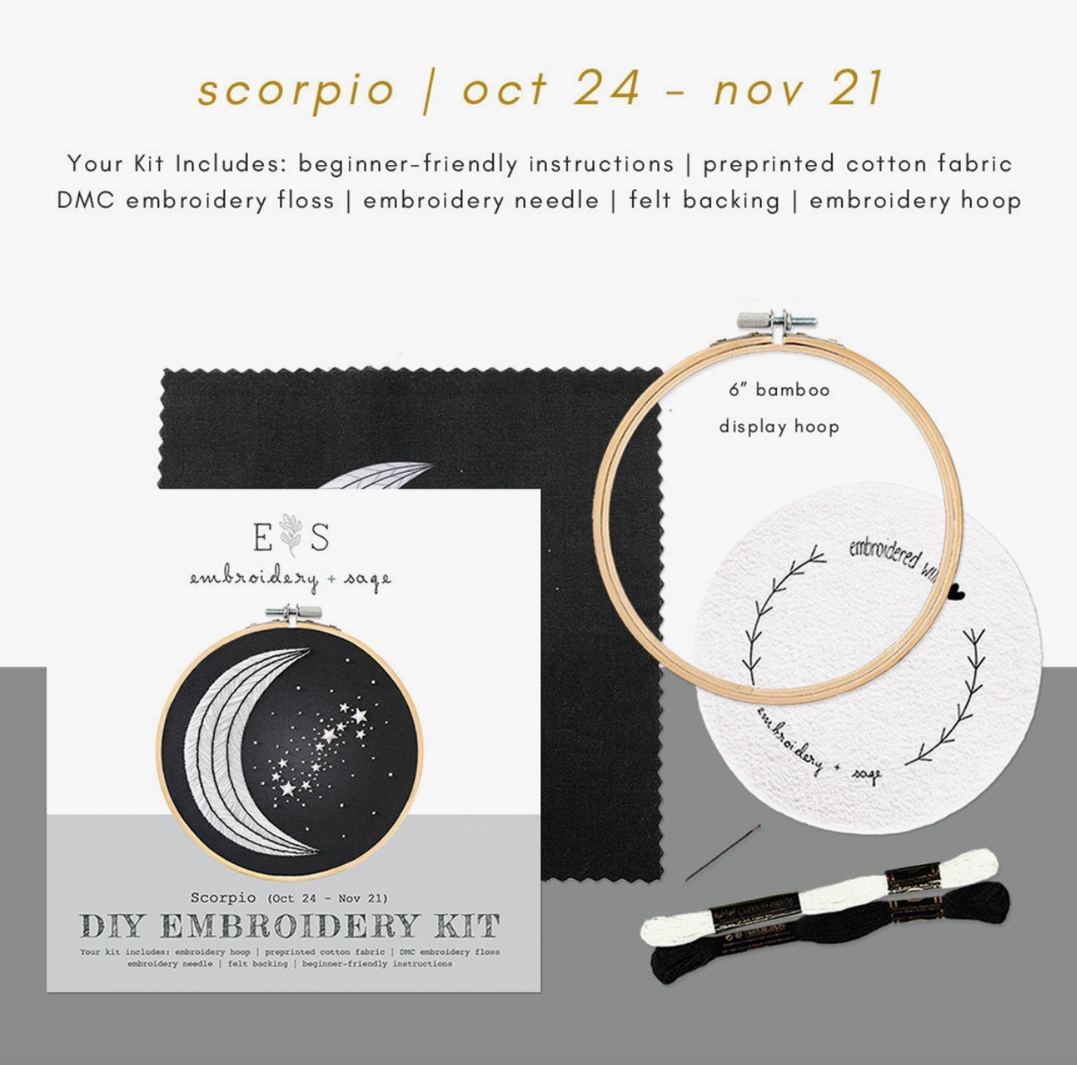 The Spellcrafter XEmbroidery Kit for Scorpio (Oct 24–Nov 21) includes a 6" hoop, preprinted fabric, needle, black & white floss, and beginner instructions—perfect for new needlepoint crafters.