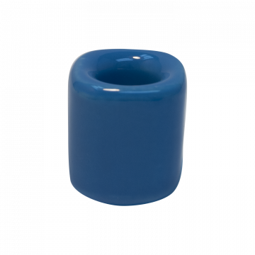 The Spellcrafter Chime Candle Holder is a small, glossy blue ceramic piece with a rounded square shape and hollow center, designed to hold a 1/2 inch candle. It’s shown on a plain white background.