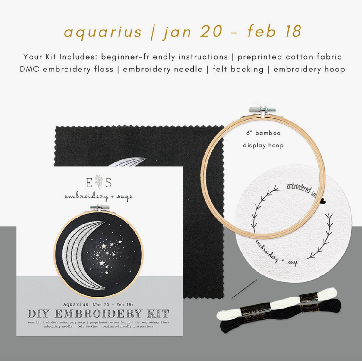 The Spellcrafter XEmbroidery Kit comes with instructions, black fabric, white and black floss, felt backing, and a 6" bamboo hoop. Ideal for beginners, its sample design showcases a crescent moon and starry night embroidery.