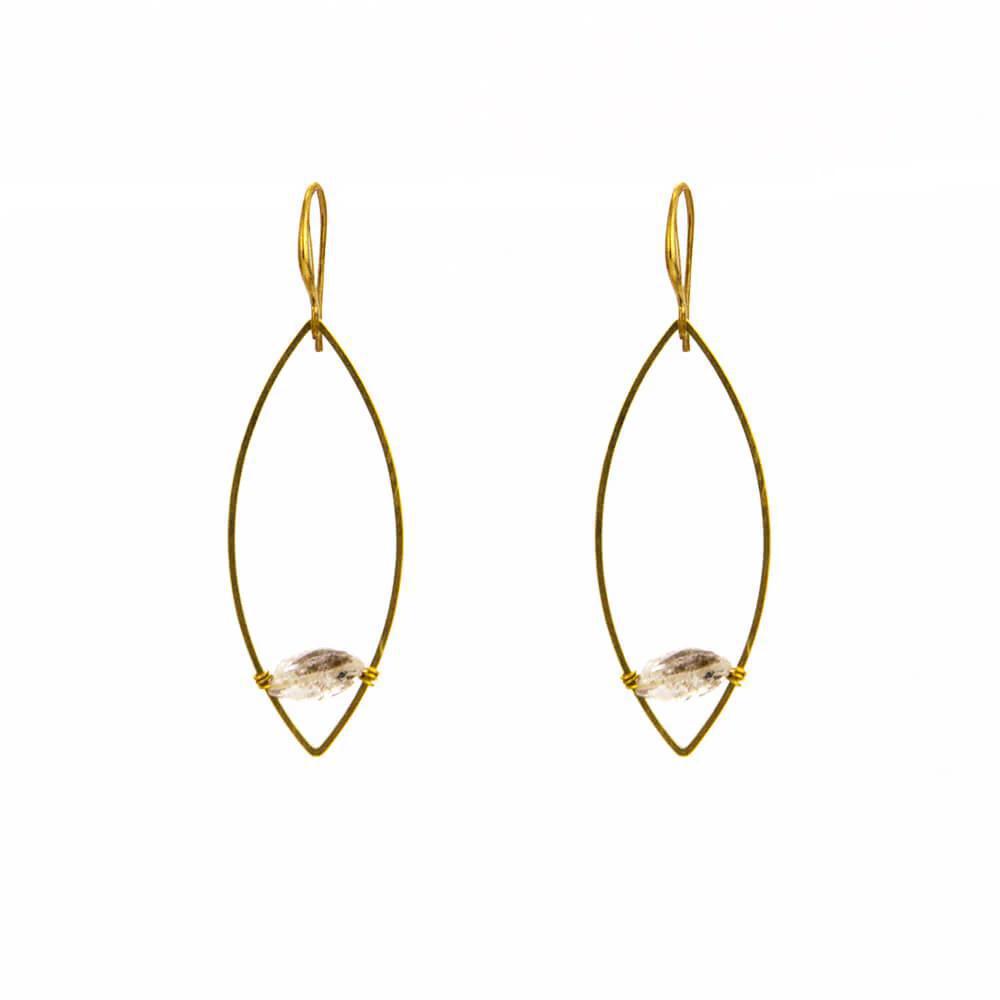 The Spellcrafter Herkimer Floating Marquise Earrings feature gold wire loops with Herkimer Diamonds at the center—ideal for crown chakra meditation—displayed against a white background.