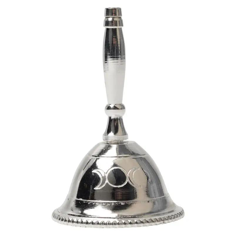 The Spellcrafter Silver Altar Bell features a smooth handle, triple moon engraving, and textured base—ideal as a unique altar piece or for spiritual outdoor décor.