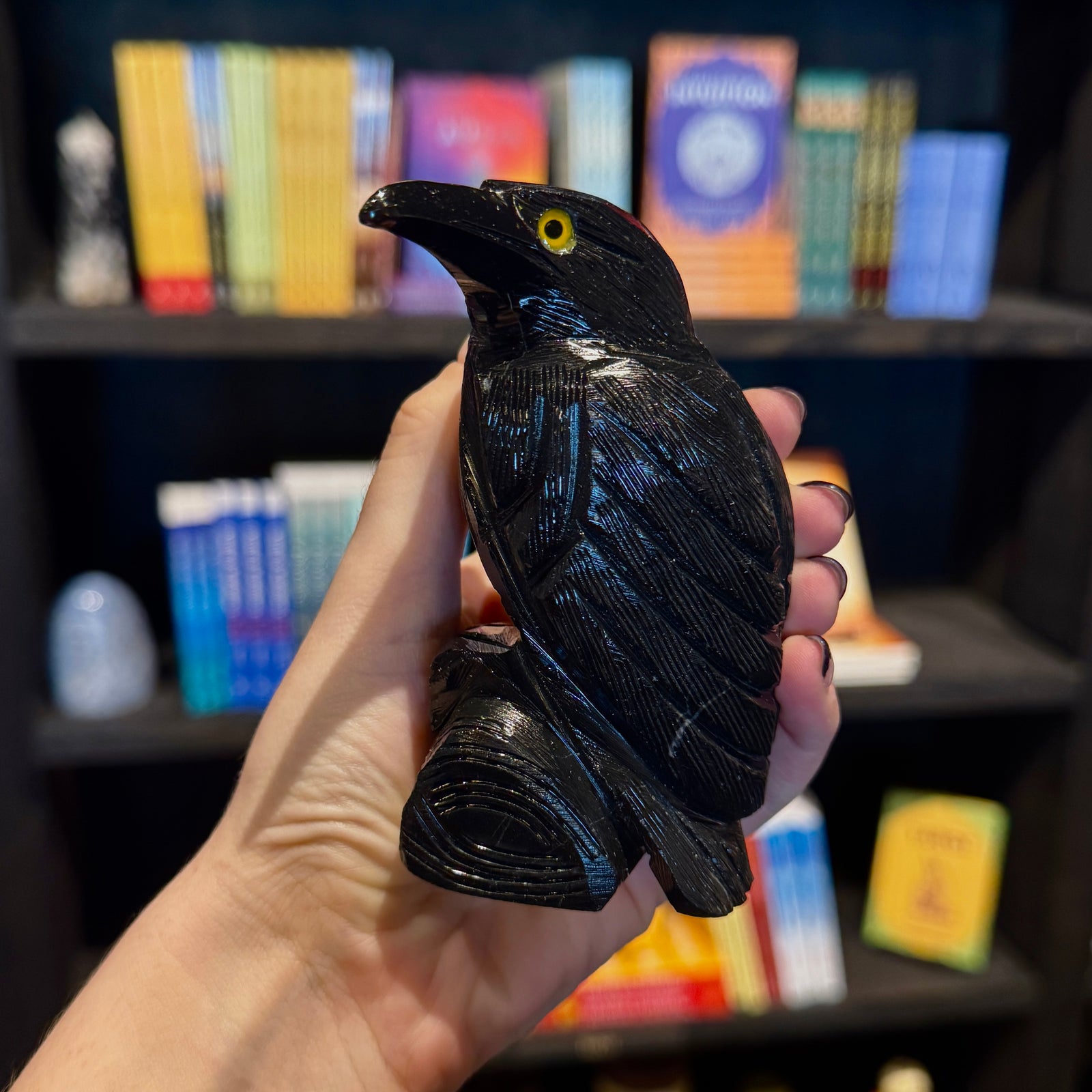 A hand holds the Spellcrafter Black Onyx Crow Carving, featuring a yellow eye. In...