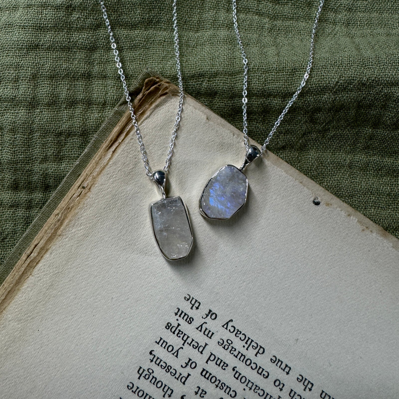 Rainbow Moonstone Rough Sterling Silver Crystal Necklace