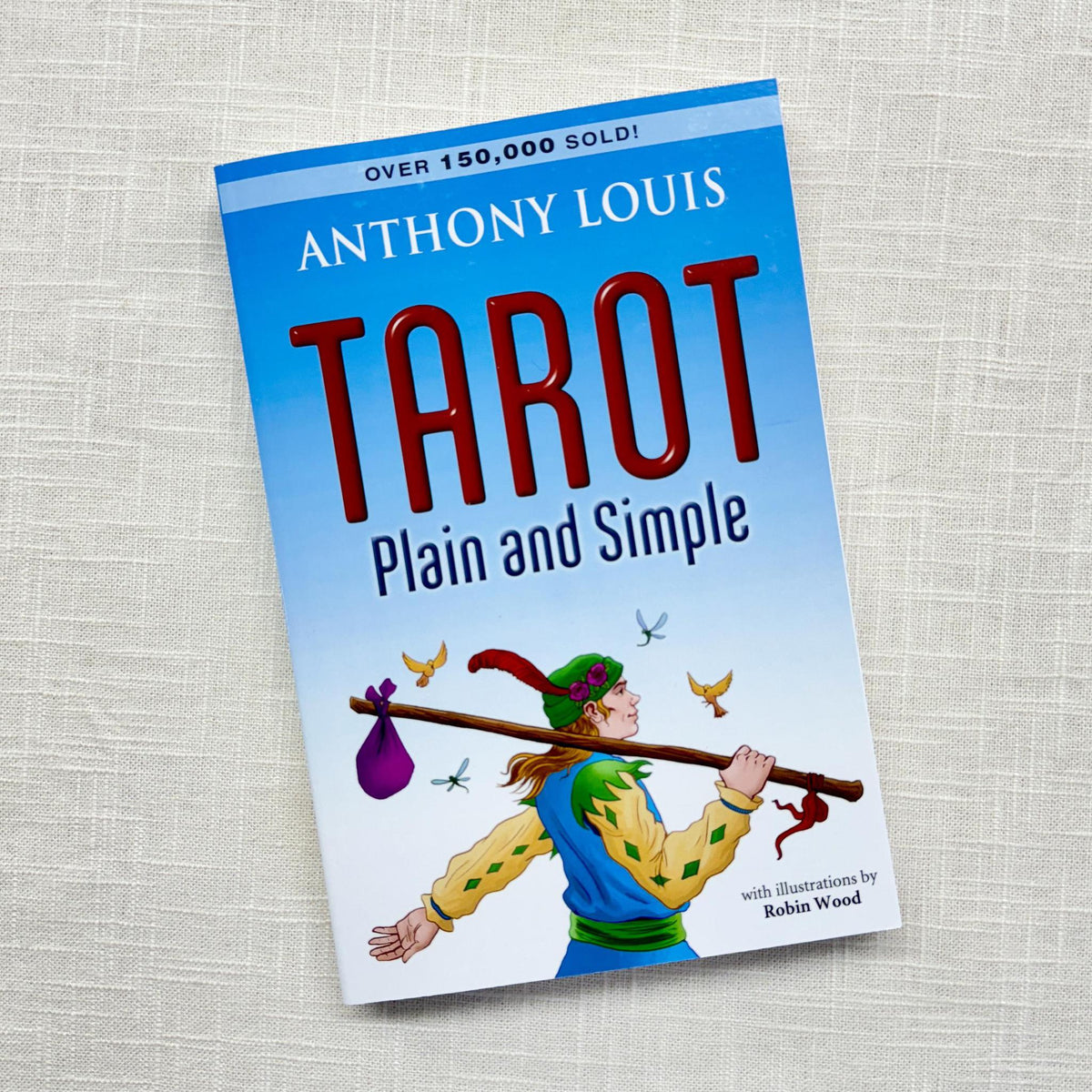 The Spellcrafter Tarot Plain & Simple book appears on a light textured surface. Its cover shows a colorful figure holding a stick with a bag, accompanied by birds and a butterfly—ideal for learning Tarot card meanings.