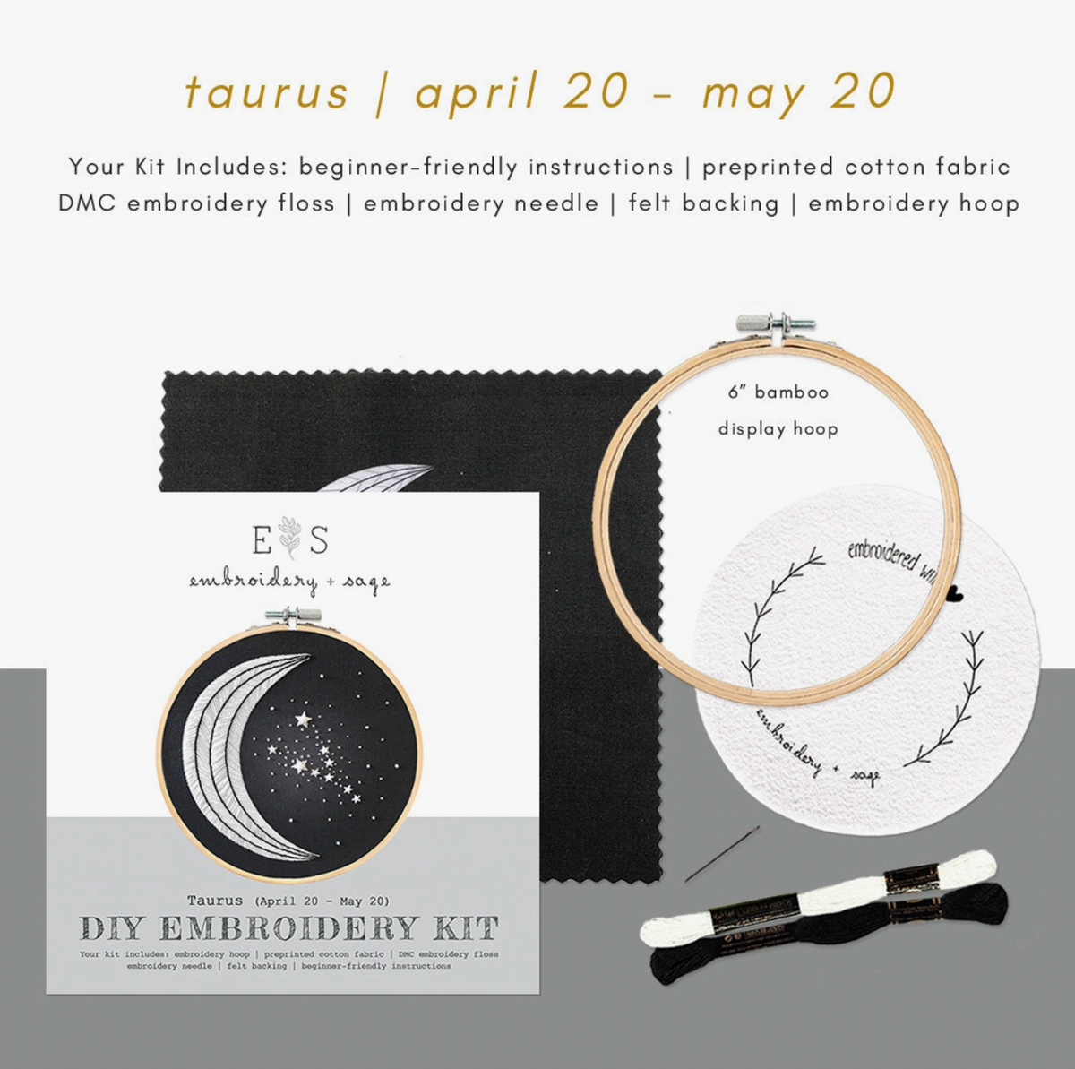 Flat lay of Spellcrafter’s XEmbroidery Kit featuring Taurus-themed starry night fabric, bamboo hoop, felt backing, needle, black and white thread, and instructions—perfect for beginner needlepoint enthusiasts.