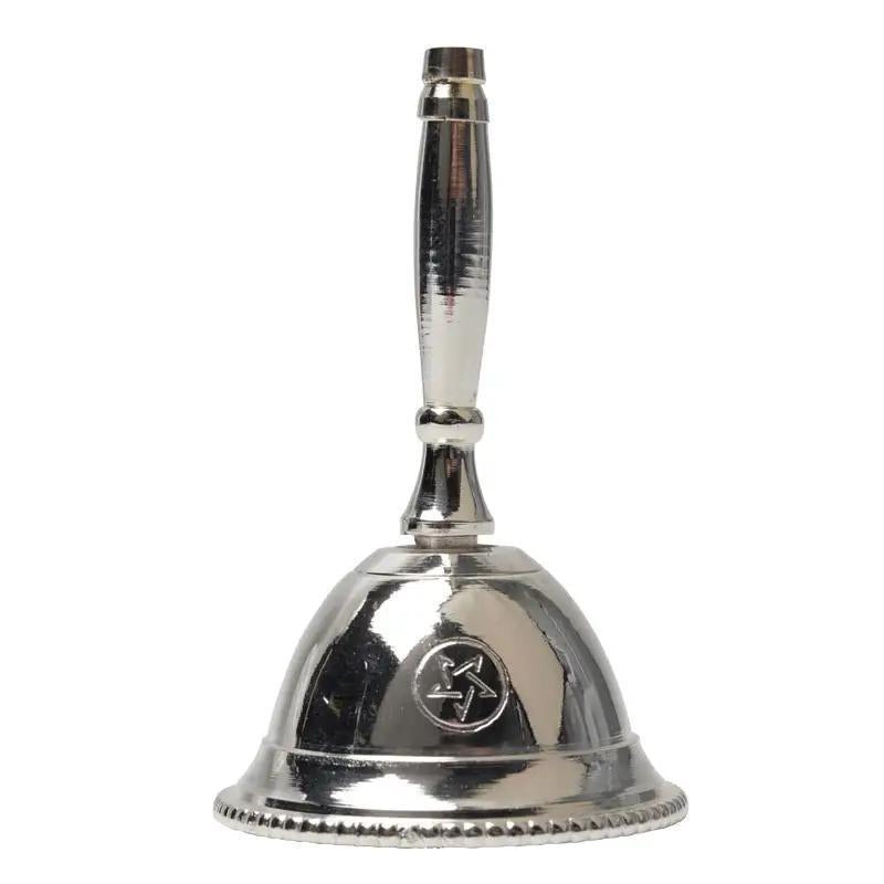 The Spellcrafter Silver Altar Bell features a slender handle, decorative rim, and a raised five-pointed star emblem, making it ideal for spiritual outdoor decor.