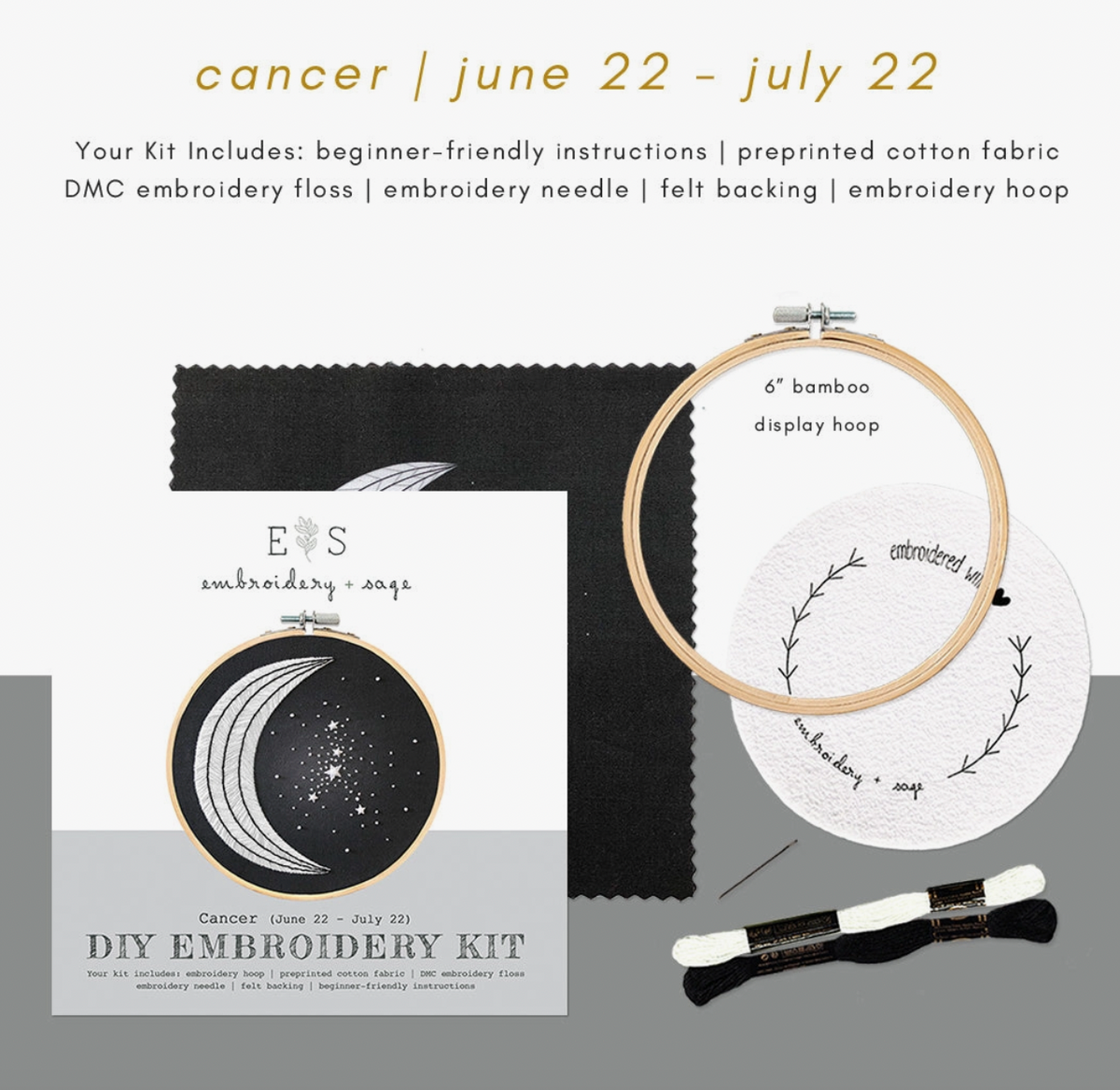 Flat lay of Spellcrafter’s XEmbroidery Kit for Cancer, with embroidery hoop, preprinted moon fabric, black and white thread, instructions, and a finished example—ideal for beginner needlepoint enthusiasts.