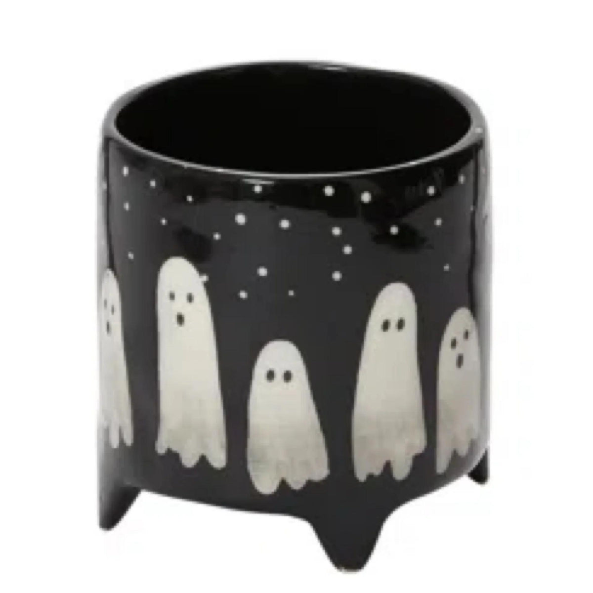 The Spellcrafter Boo Pot - Large is a black ceramic planter (5.5 x 5.5) with white ghost designs and star-like dots, standing on three short legs.