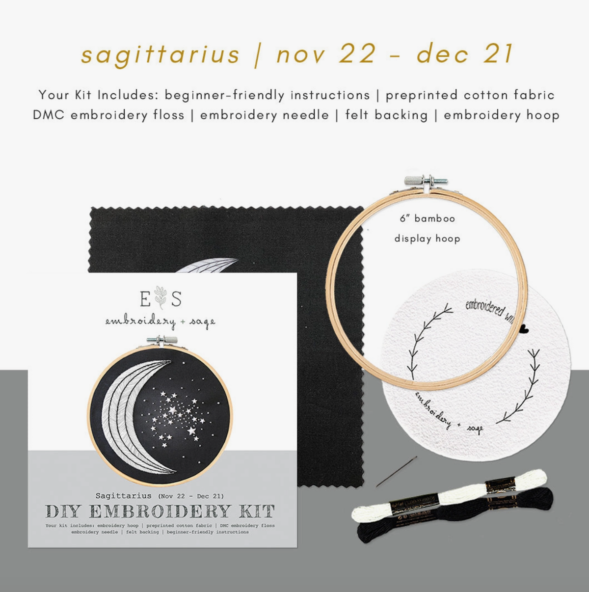 The Spellcrafter XEmbroidery Kit is a beginner needlepoint set for Sagittarius, featuring a black and white starry night design with moon and stars. Includes preprinted fabric, floss, needle, felt backing, 6" bamboo hoop, and instructions.